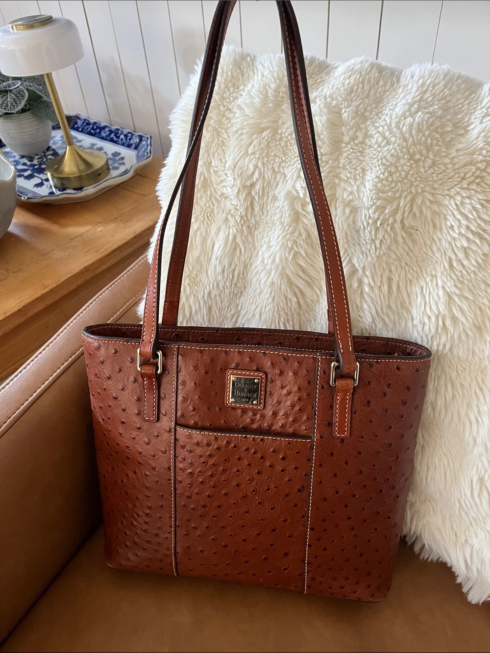 Dooney & Bourke Lexington Chestnut Ostrich-Embossed Leather Tote Small EUC